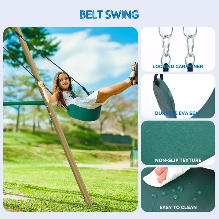 KloKick 7.5ft Heavy Duty Swing Set for Backyard, 500lbs Capacity Outdoor Metal Swing Set for Kids Adults with Spider Swing and Belt Swing (Green)