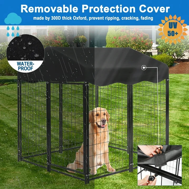 Suchown Outdoor Dog Kennel, 4ft 4.2ft 4.5ft Black Welded Wire Large Dog Playpen with UV Resistant Oxford Cloth Roof