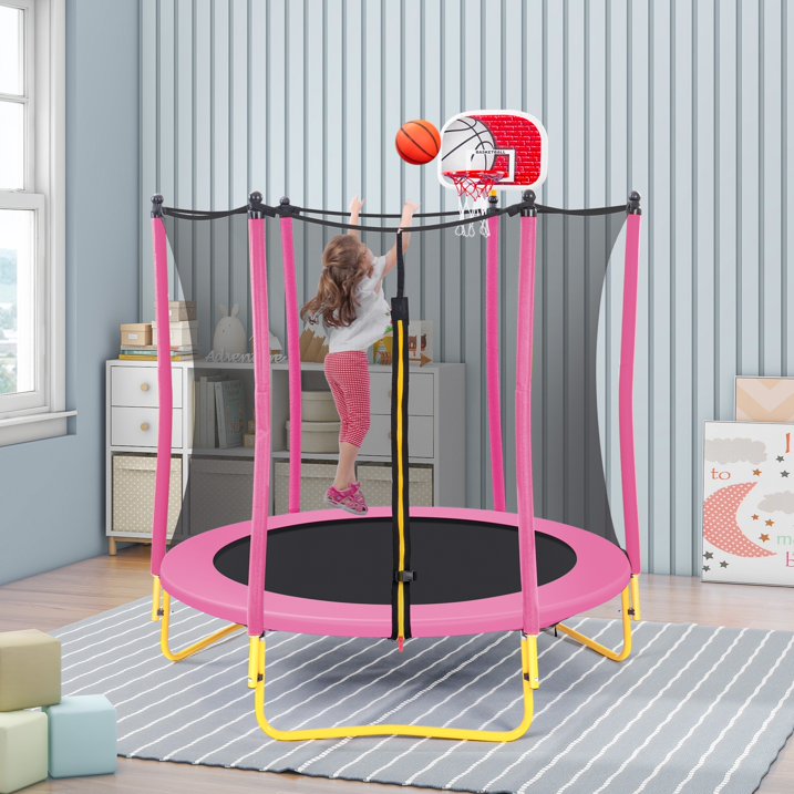 SHINPT 65 Outdoor Indoor Mini Toddler Trampoline with Enclosure Net, Basketball Hoop and Ball Included, Entertainment Trampoline for Backyard, Patio