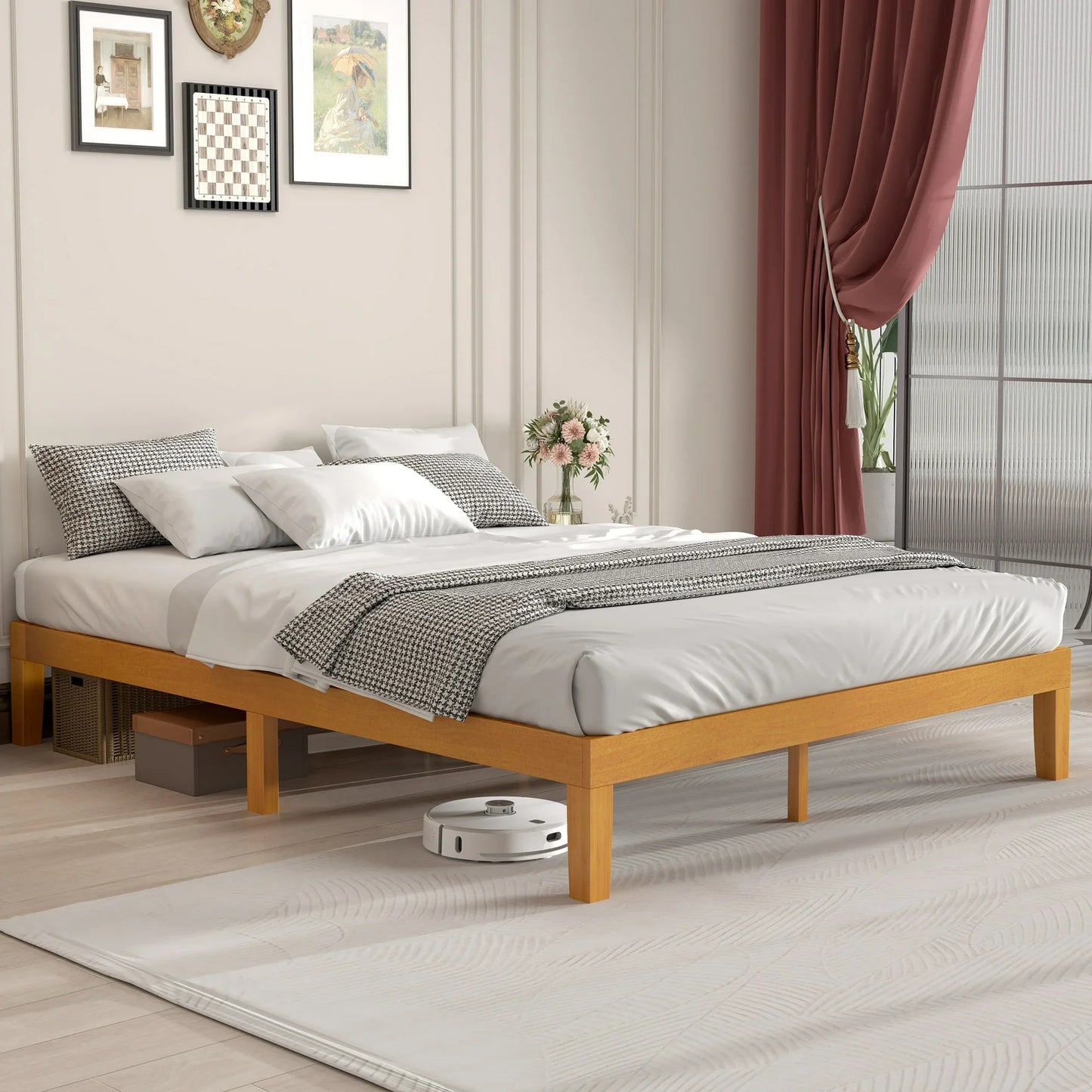 EDX Full Size Wood Bed Frame, No Spring Needed, 12in Wooden Platform Bed Frame Mattress Foundation with Support Slats, Natural Pine