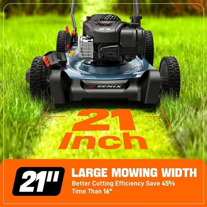 SENI 21 Gas Lawn Mower, 140cc 4 Cycle Made in USA Briggs Stratton Engine, 2 In 1 Mulch Side Discharge Push Mower, 6 Position Height Adjustments, 11 Rear Wheels, LSPG M6