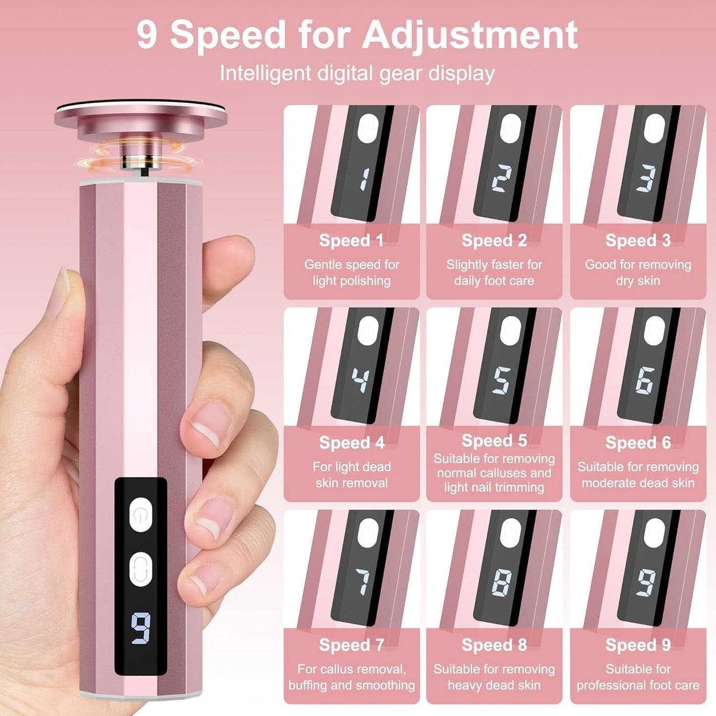 Electric Foot File Callus Remover for Feet,9 Adjustable Speed Foot Scrubber with 40 Pcs Sandpaper Discs,Professional Pedicure Tool for Dead Skin and Calluses Pink