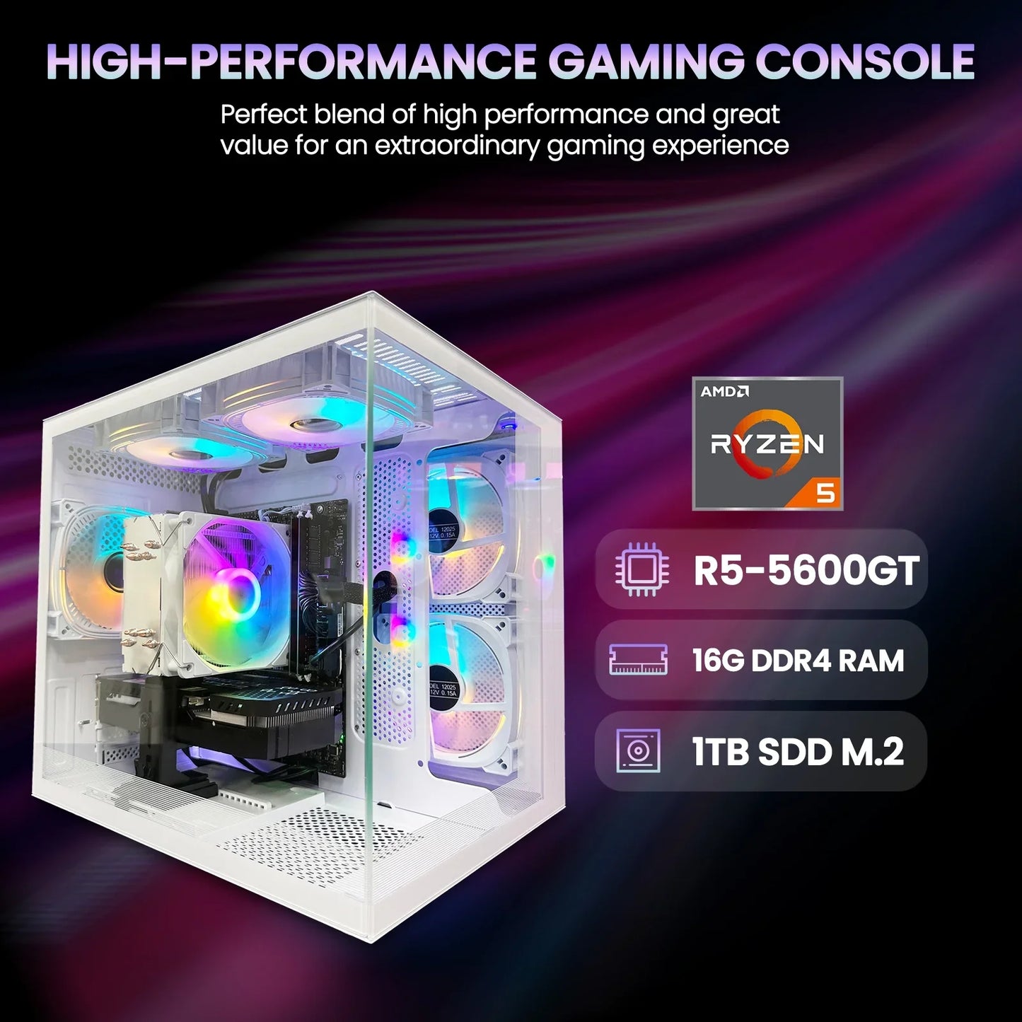 Suevery AMD Ryzen 7 5700X Gaming PC with B450 Motherboard, 32GB RAM, 1TB NVMe SSD, NVIDIA RTX 4060 8GB, WiFi 6, and RGB Lighting