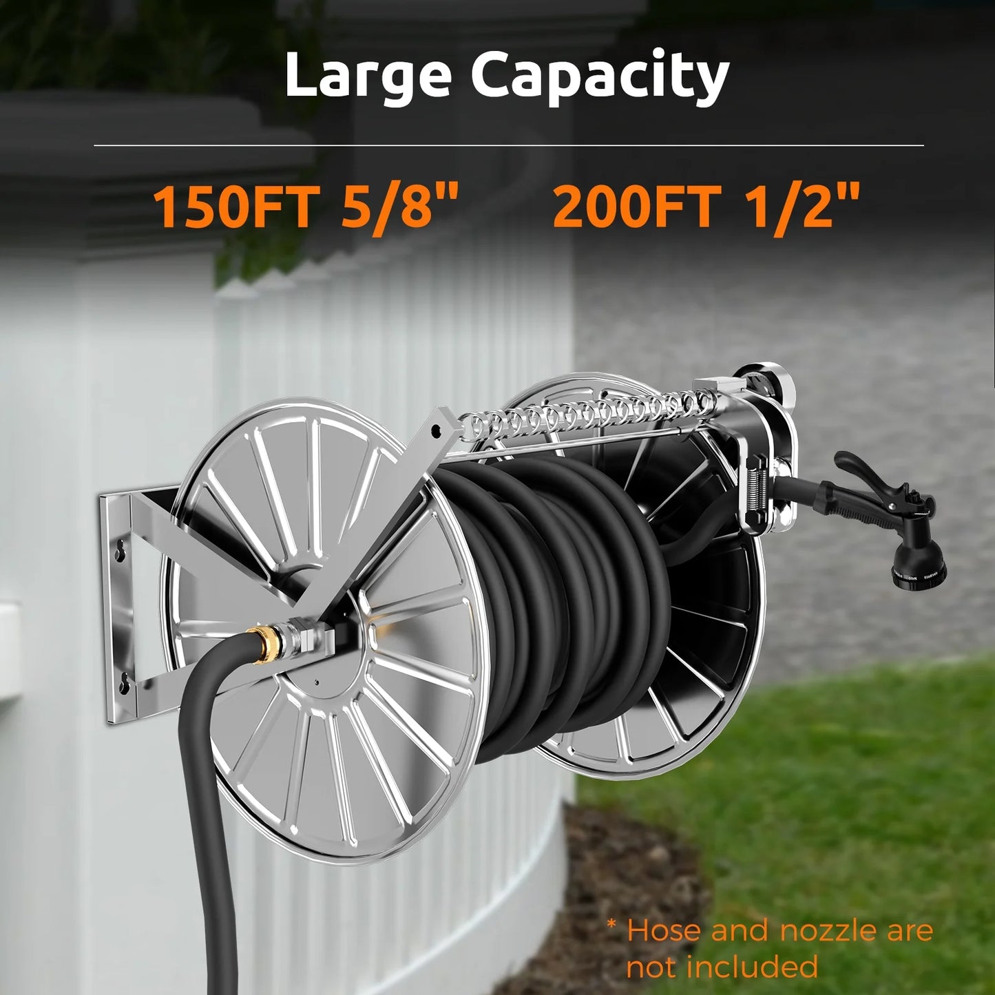 Efurden Stainless Steel Garden Hose Reel with 5ft Leader Hose, Heavy Duty and Large Capacity Metal Water Hose Reel Wall Mount with Crank Handle