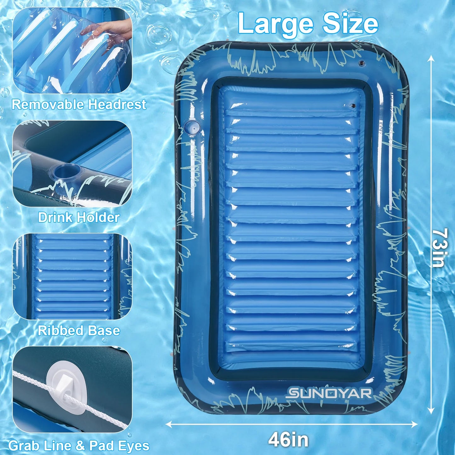 SUNOYAR Inflatable Tanning Pool Lounger Float, Pool Floats Adult with Pillow, 73 x 46 Large Suntan Tub with Cup Holder for Lake River Beach Patio