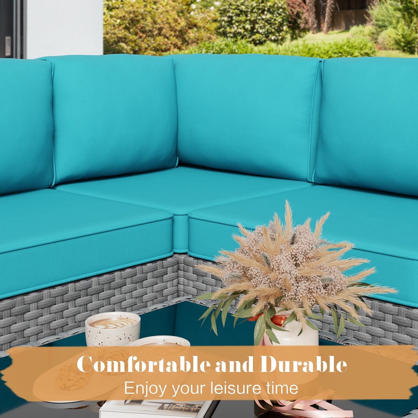 Carpet Outdoor Wicker Rattan Sectional Sofa Patio Furniture Conversation Sets with Glass Table and Cushions for Lawn Backyard Deck,Blue