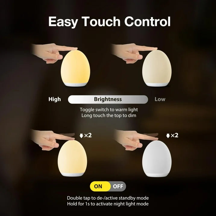 Night Light, Egg Light for Nursery with 7 RGB Colors Changeable & Stepless Dimming, Rechargeable Tap Light with 1h Timer & Touch Control, Portable Night Light for Babies BPA Free
