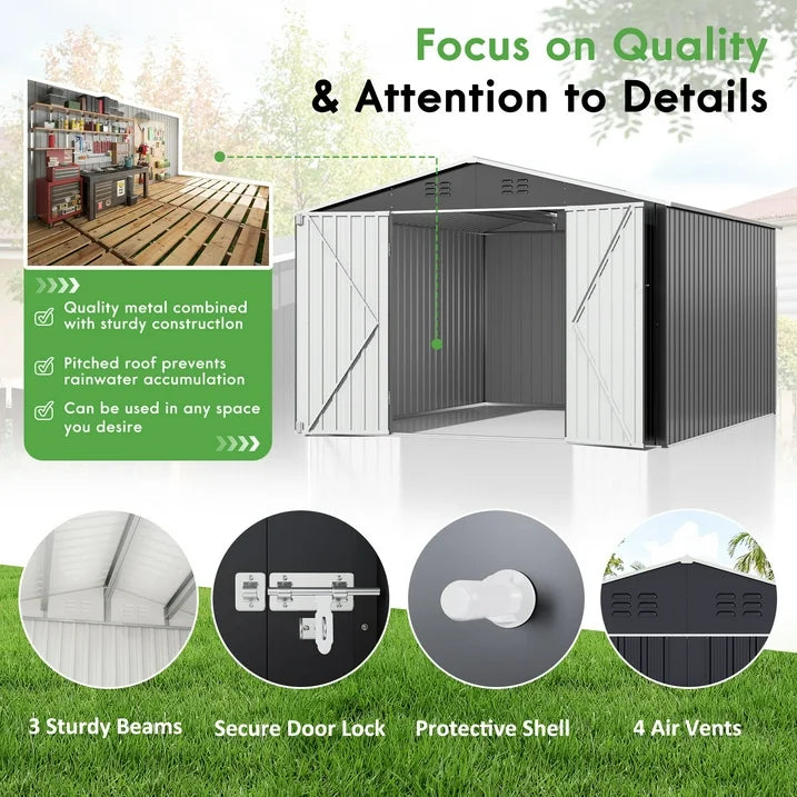 NETAJE 10'x10' Outdoor Metal Shed with Updated Frame, Lockable Doors & Sliding Roof for Backyard, Garden, Gray
