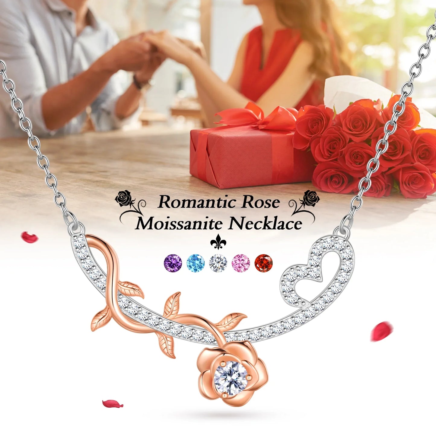 Beautlace 1/3 Carat Moissanite Necklace,D VVS1 18K White Gold over Stering Silver Rose Round Cut Simulated Diamond Pendant Necklace Jewelry Birthday Christmas Mother's Day Gifts for Women Mom