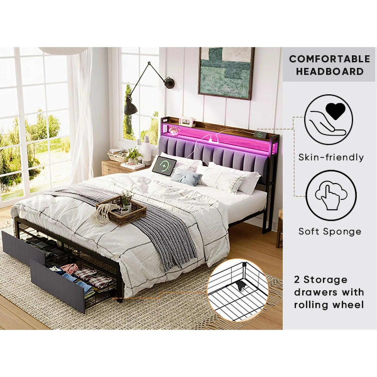 VLDTDRDI 1100LBS Queen Bed Frame with USB Charging Station,LED Upholstered Platform Bed Frame with Storage Headboard and 2 Drawers, Metal Queen Light up Bed Frame, Noise Free,Easy Assembly