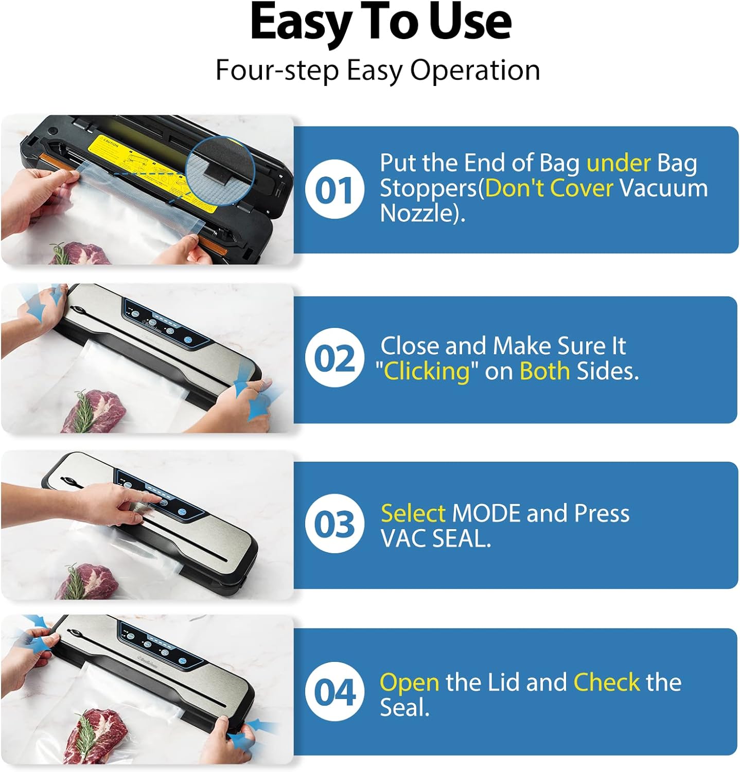 Vacuum Sealer, 80Kpa Food Sealer Machines Automatic Air Sealing System with Vacuum Hose & 10Pcs Bags Starter Kit, 5 Modes for Dry & Moist Food Storage Sous Vide