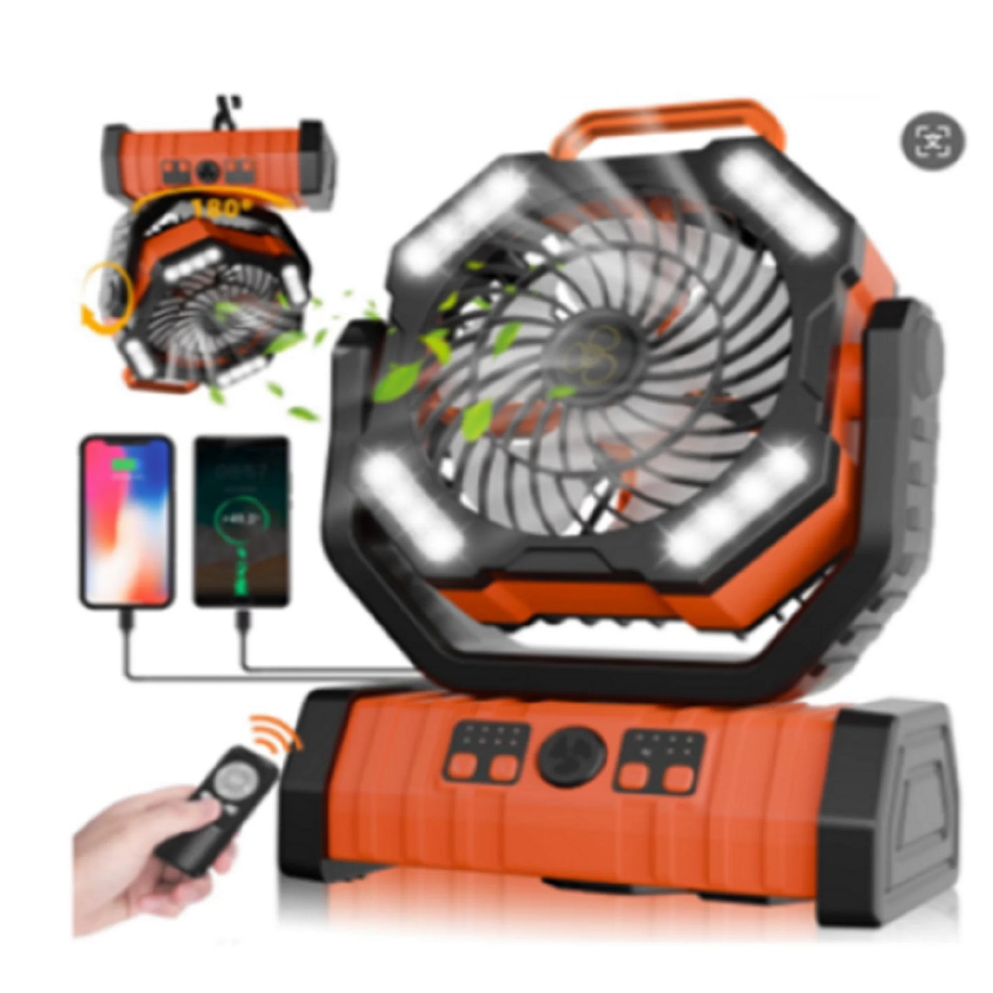 GVDV Camping Fan, Upgraded 30000mAh Portable Battery Operated Outdoor Fan with LED Lights Remote Control, Personal Rechargeable Desk Fan for Travel, Hiking, Fishing, Picnic, Orange