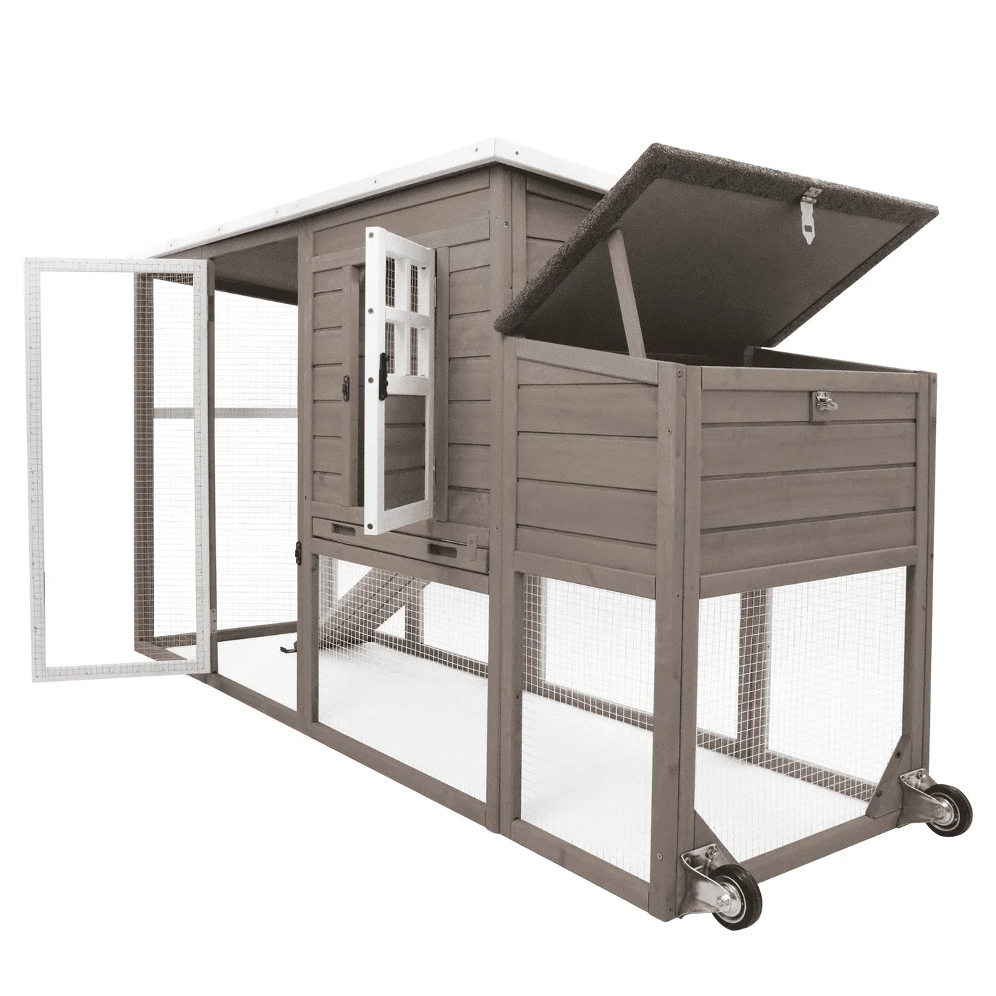 PETSCOSSET 75" Chicken Coop 2-Story Large Wooden Chicken Cage with Wheels, Nesting Box, Asphalt Roof, Removable Tray and Ramp for 1-4 Chickens, Grey