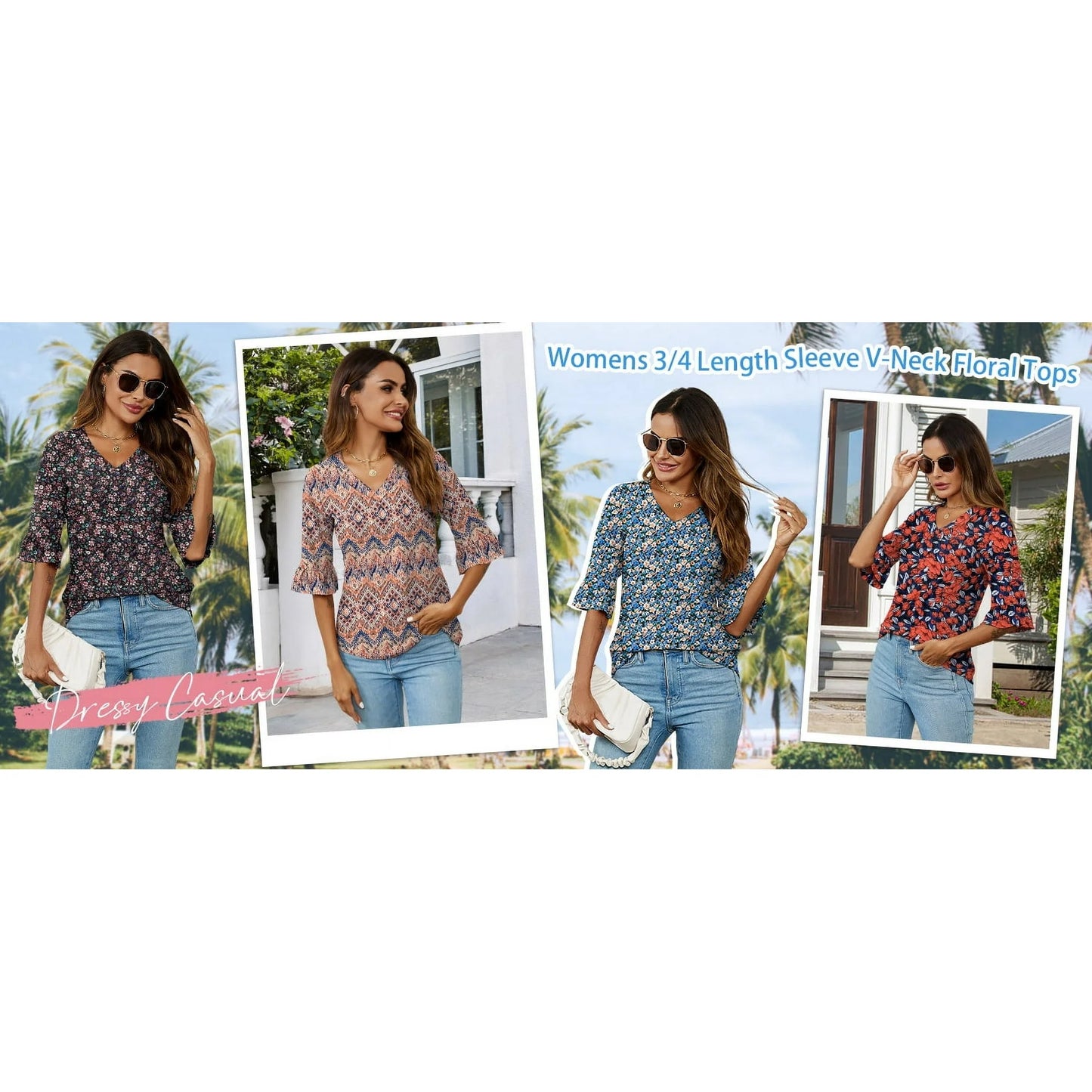 UVN Tunic Blouses for Womens Floral Print Tops Summer V-Neck 3/4 Ruffle Sleeve Blouse