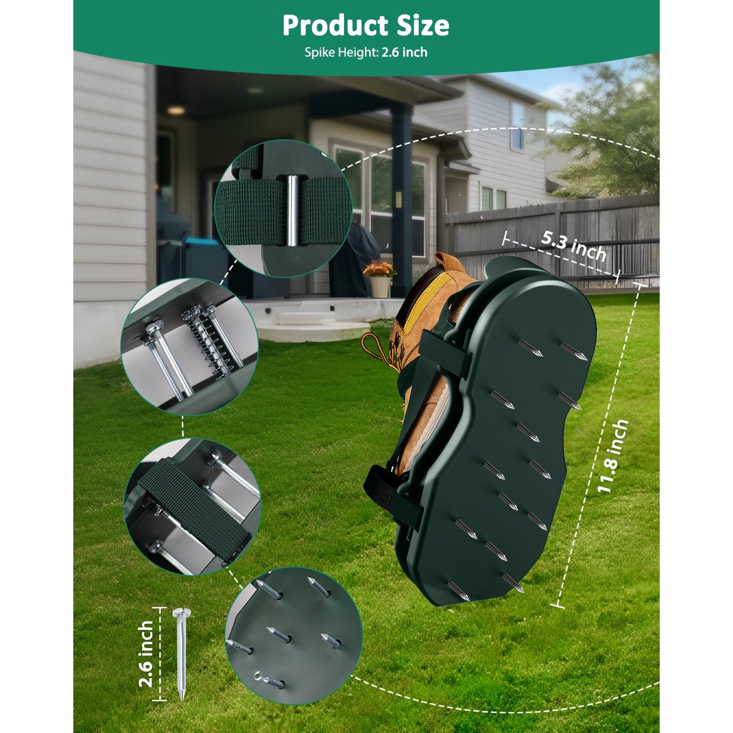 Lawn Aerator Shoes with Spring Base - Free-Installation Tool for Lawn Care - Automatic Leaf and Dirt Cleaning - Adjustable Laces - Perfect for Lawn, Yard, and Garden! (Green)