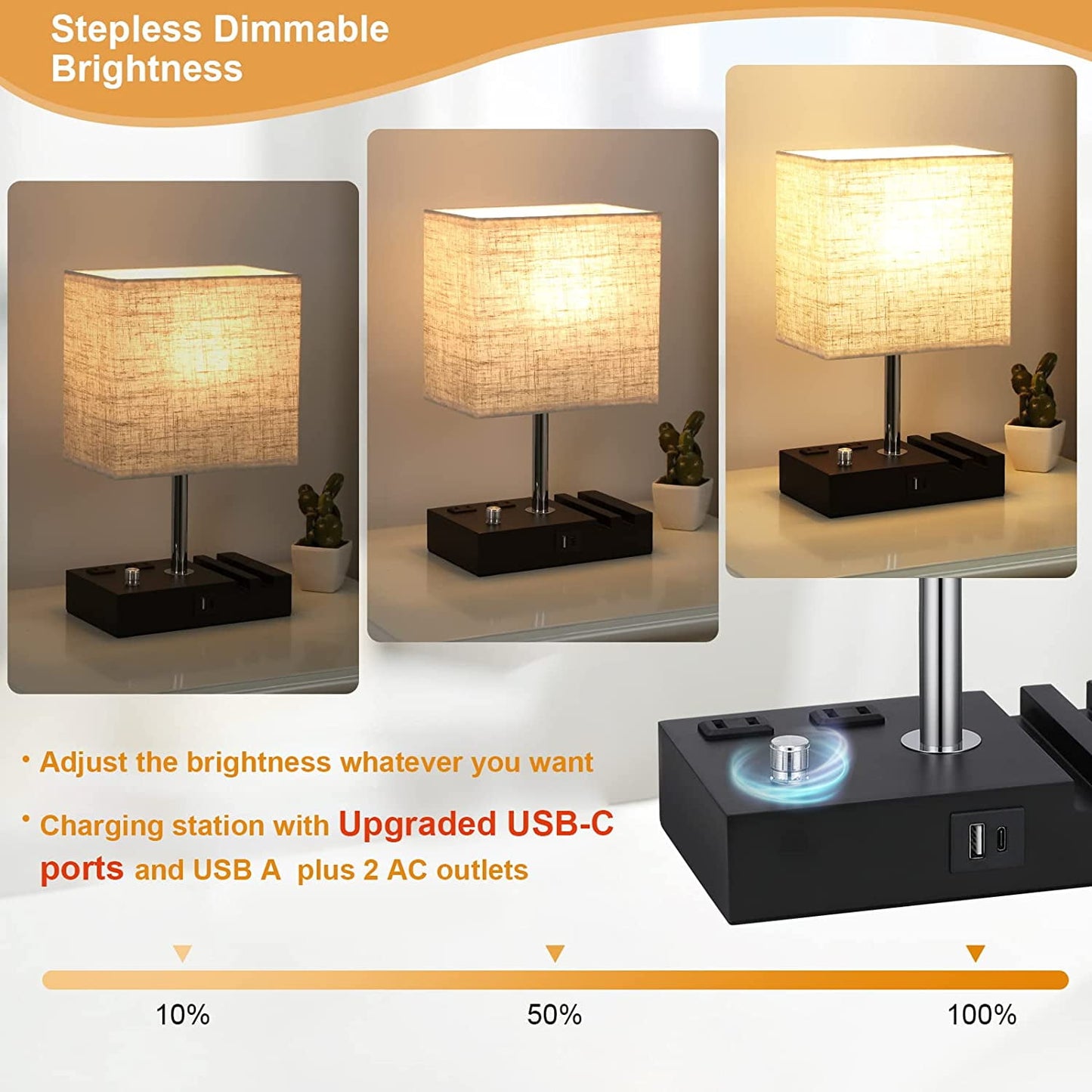 Bedside Table Lamp for Bedroom with Dual Fast USB Charging Ports, Fully Dimmable Nightstand Lamps with 2 Phone Stands