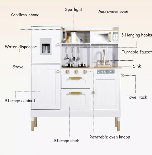 Kinder King Wooden Kids Play Kitchen, Toy Kitchen Playset for Toddler, Realistic Kitchen Sets w/Lights & Sounds, Gift for Boys Girls Age 3+, Gold