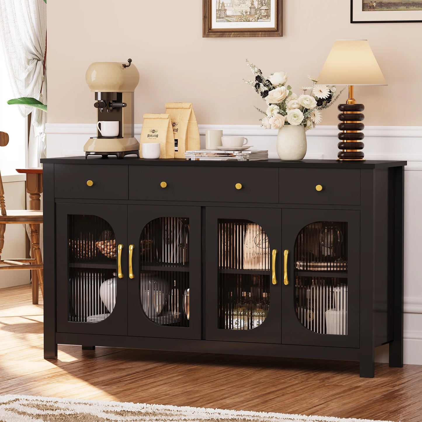 spanspace Large Sideboard Buffet Cabinet with Storage, Kitchen Storage Cabinet with 3 Drawers and 4 Glass Doors, 55" Wide Buffet Table Coffee Bar Cabinet for Dining Room, Living Room,Black