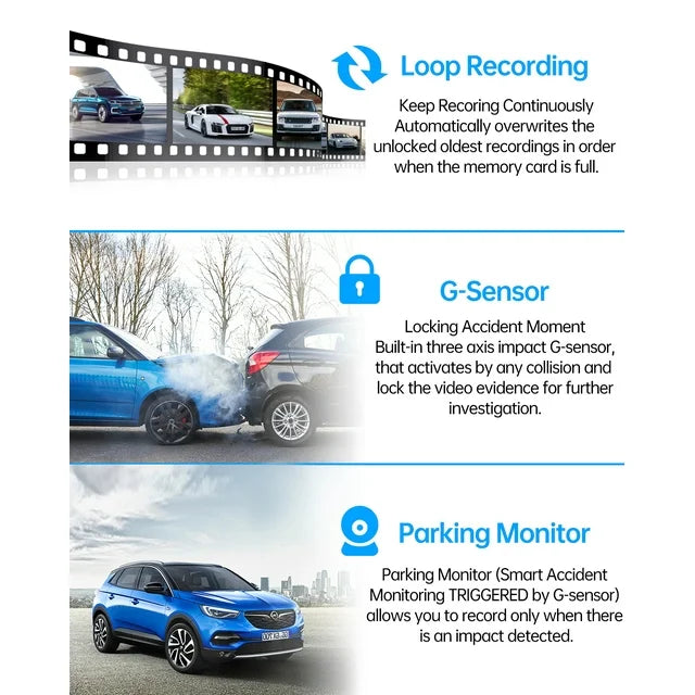 TOGUARD 720P Dual Dash Camera Front and Rearm, 4.3" Full Touch Screen, Rear View Mirror Camera, Night Vision, Parking Assist, Loop Recording, G-Sensor