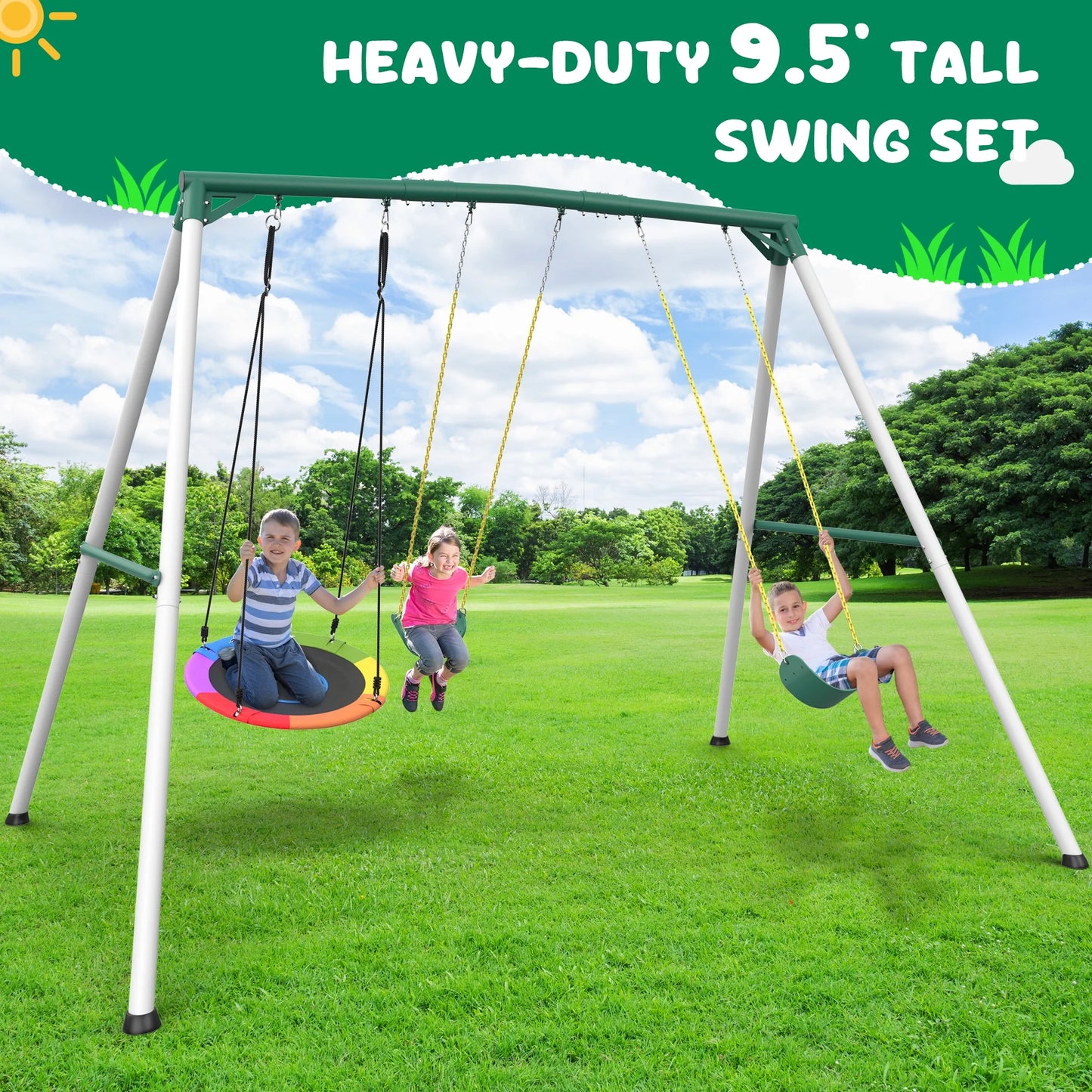KloKick 9.5 Heavy Duty Swing Set for Kids Adults Includes Saucer Swing 2 Belt Swings, Outdoor Playground Equipment for Backyard Fun