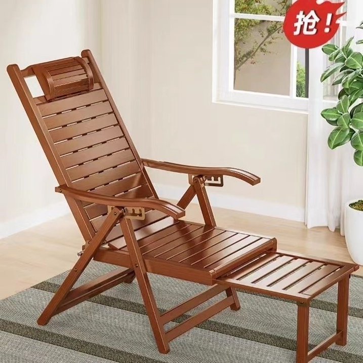 SUSUZI Foldable Bamboo Recliner Chair with 5-Position Adjustable Backrest, Ergonomic Lounging Chair, Supports Up to 300lbs