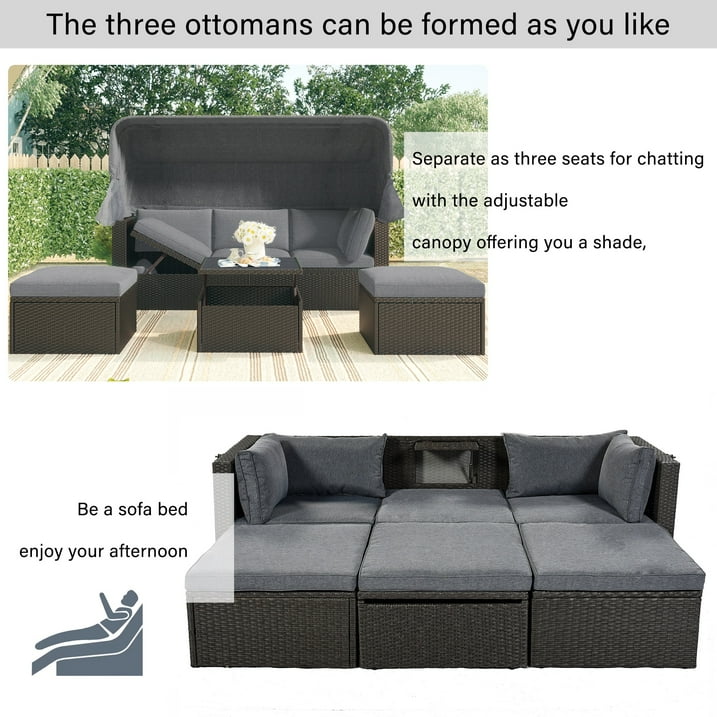 Patio Sectional Daybed, Outdoor Wicker Furniture Set with Retractable Canopy, Sectional Sofa Set w/Height Adjustable Table Cushions for Patio Deck Poolside Garden Backyard