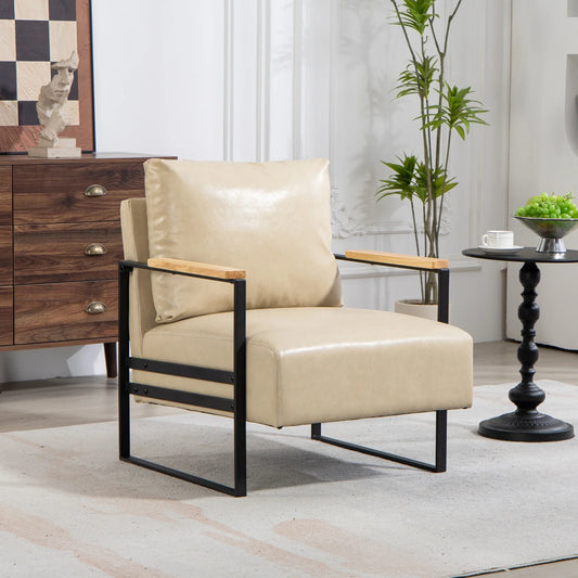 PORKISS Accent Chair, Modern Arm Chair Leather Upholstered Reading Accent Chair with Metal Frame Solid Wood Arm for Living Room Bedroom Sunroom, Khaki