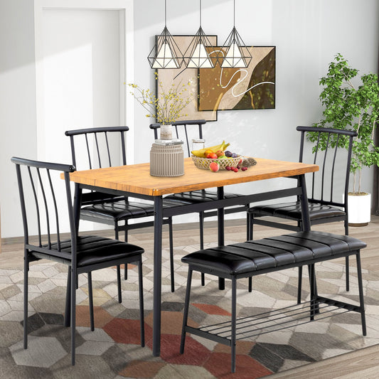 PAPROOS Dining Table Set for 6, Modern 6 Pcs Kitchen Table Set with Wooden Top and Metal Frame, Dinette Sets for Breakfast Nook, Dining Room Table with Upholstered Chairs and Bench Set, Brown&Black