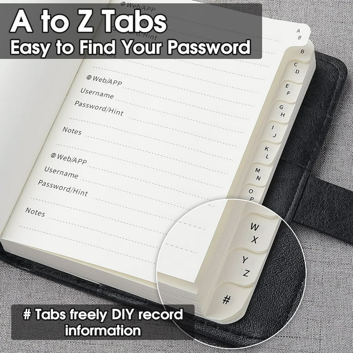 WEMATE Password Book with Lock, Password Book with Alphabetical Tabs 600+,Black