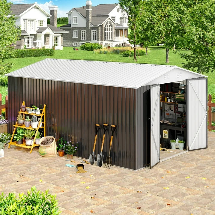 NETAJE 10'x14' Outdoor Metal Shed with Updated Frame, Lockable Doors & Sliding Roof for Backyard, Garden, White