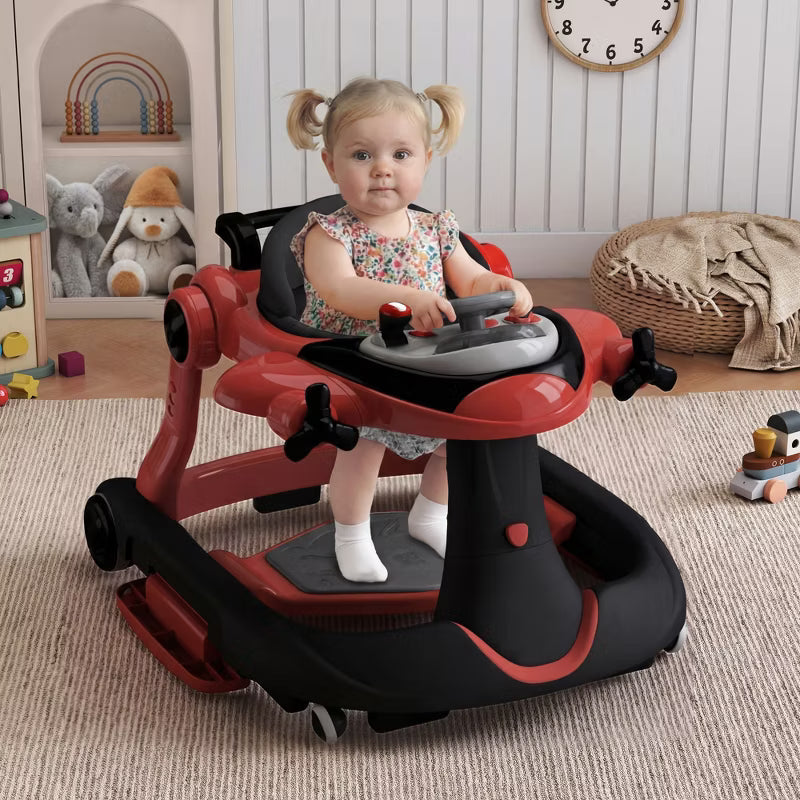 Kinder King 5-in-1 Baby Activity Walker, Convertible Push & Sit-in Walker with Adjustable Height, Foldable, Stable Design, Red