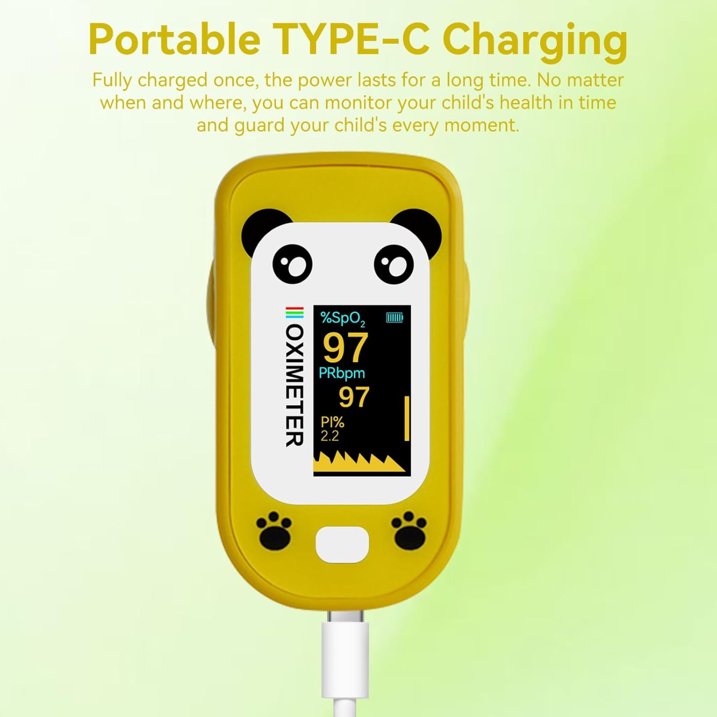 SUWU Pulse Oximeter, Rechargeable Oximeter for Kids Children, Blood Oxygen Saturation, Pulse Rate Monitor, Cute Cartoon Design, USB C Charging,Yellow