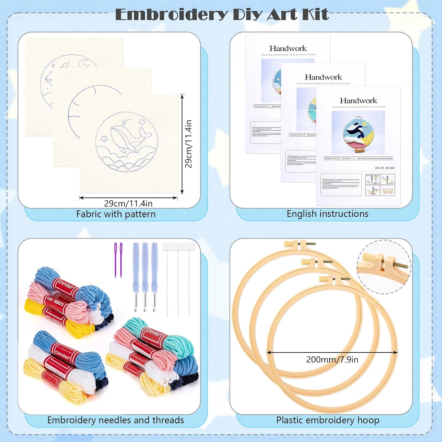 3 Pack Punch Needle Embroidery Kit for Beginners, Rug Hooking Starter Kit with Whale Pattern Stamped Cloth 3 Embroidery Hoops Woolen and Punch Needle