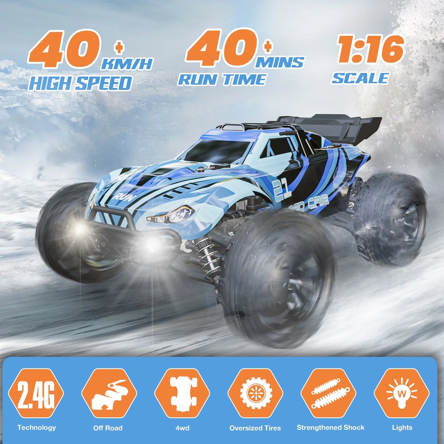 LOHEER 1:16 High Speed 4X4 Off Road Remote Control Car, Fast RC Monster Truck 40+ KM/H with 2 Batteries, All Terrain RC Truck for Adults & Kids