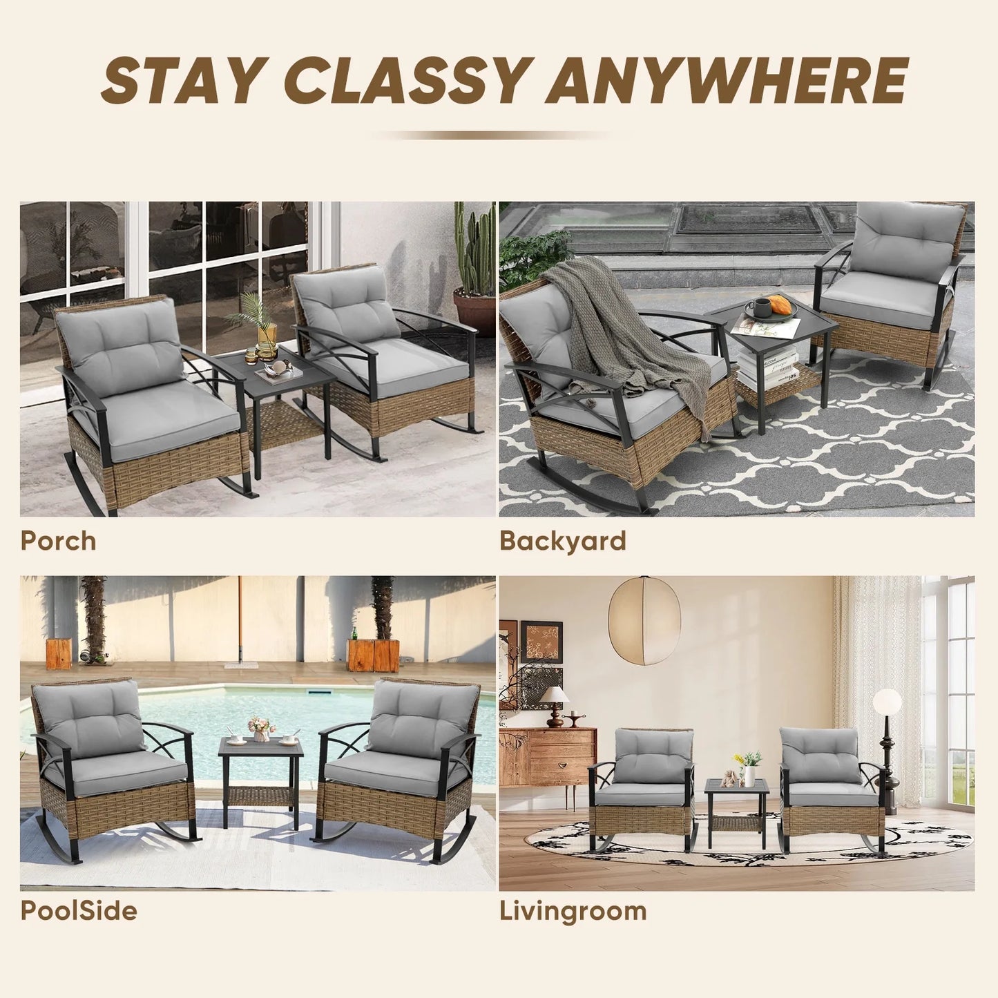 Seizeen Outdoor Patio Furniture, 3pcs Rattan Rocking Chair Set Balcony Furniture, Heavy-duty Patio Chairs with Steel Frame, Tow-Tier Coffee Table, 3’’T Cushion, Gray