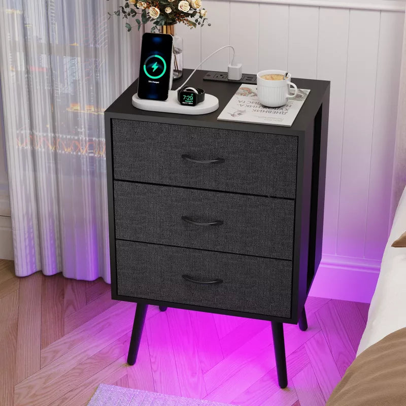 Dolonm Nightstand Set of 2,Nightstand with Power Outlet & USB Ports, Bedside Table with 3 Fabric Drawer & LED Light,for Bedroom