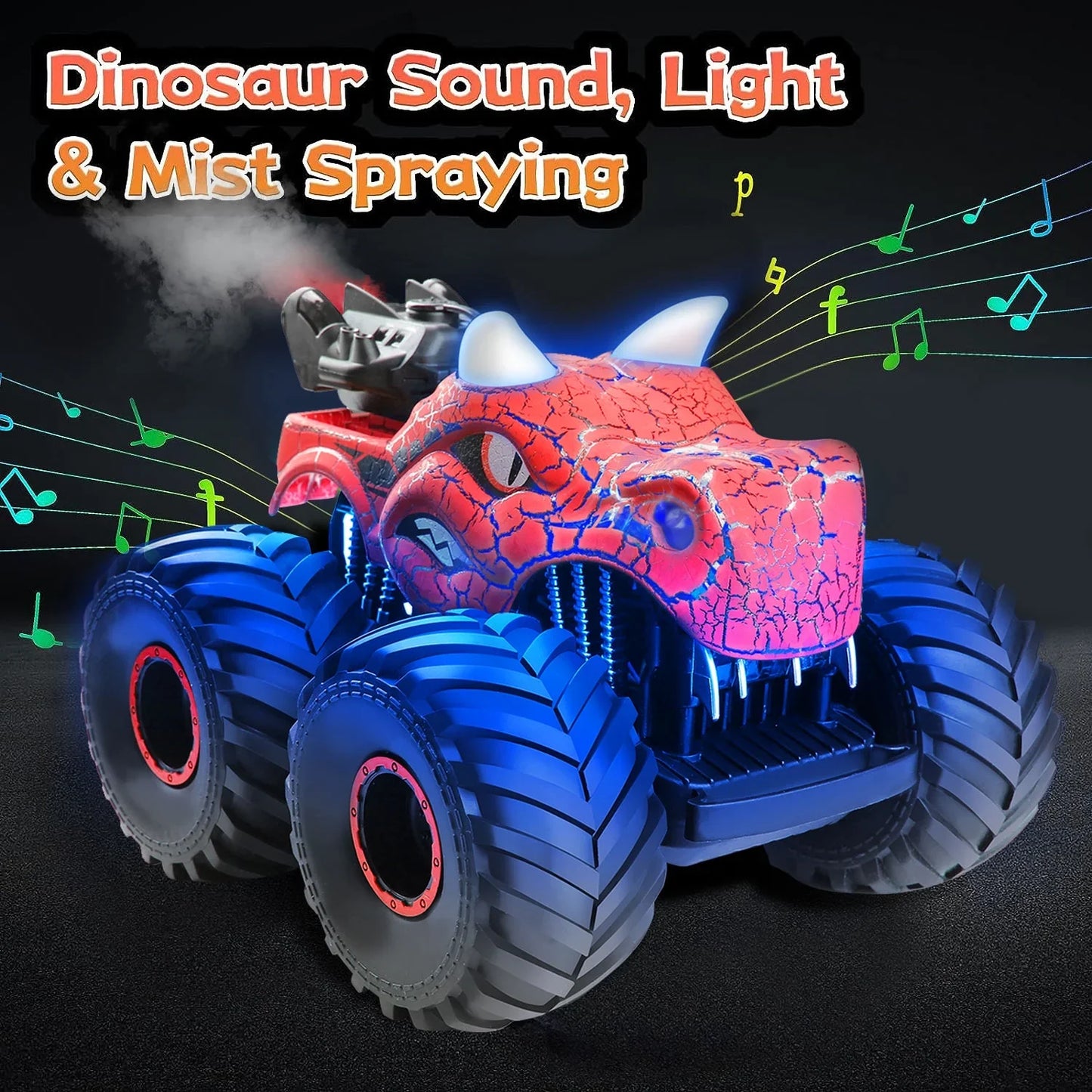 BEEPRINCESS Remote Control Car, 2.4GHz Monster Trucks for Boys Girls with Light, Sound & Spray, Dinosaur Toys Gift for Kids 3 4 5 6 7 8, All Terrain RC Cars for Toddlers with 2 Batteries, Red