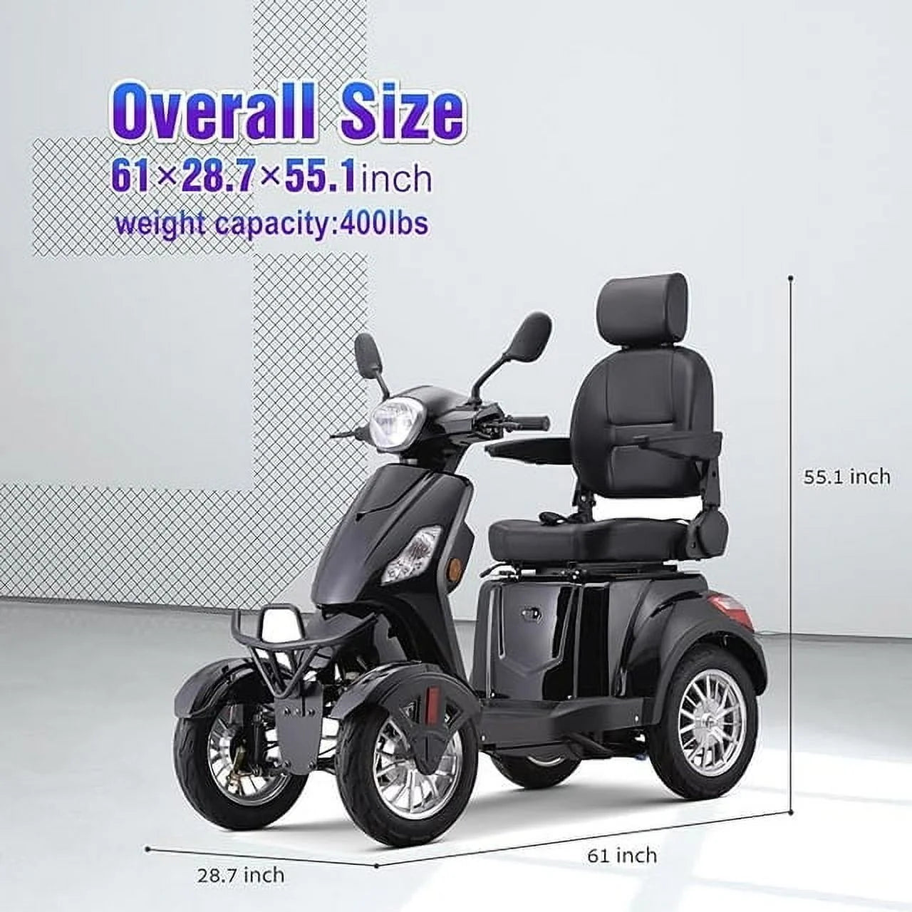 SKRT Large 4 Wheels Mobility Scooter (XW-E01), Electric Heavy Duty Wheelchair Device, 500 LBS Capacity for Seniors & Adults, Speed Adjust, Rear Trunk, Seat Extension