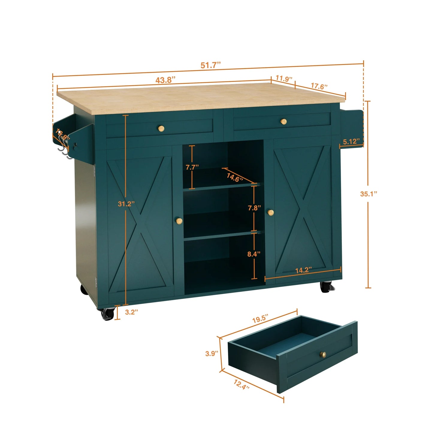CBJCBJ 51.7" Rolling Kitchen Island Foldable, Adjustable Shelf & 2 Storage Doors - Mobile Kitchen Cart, Breakfast Bar with Storage (Green)