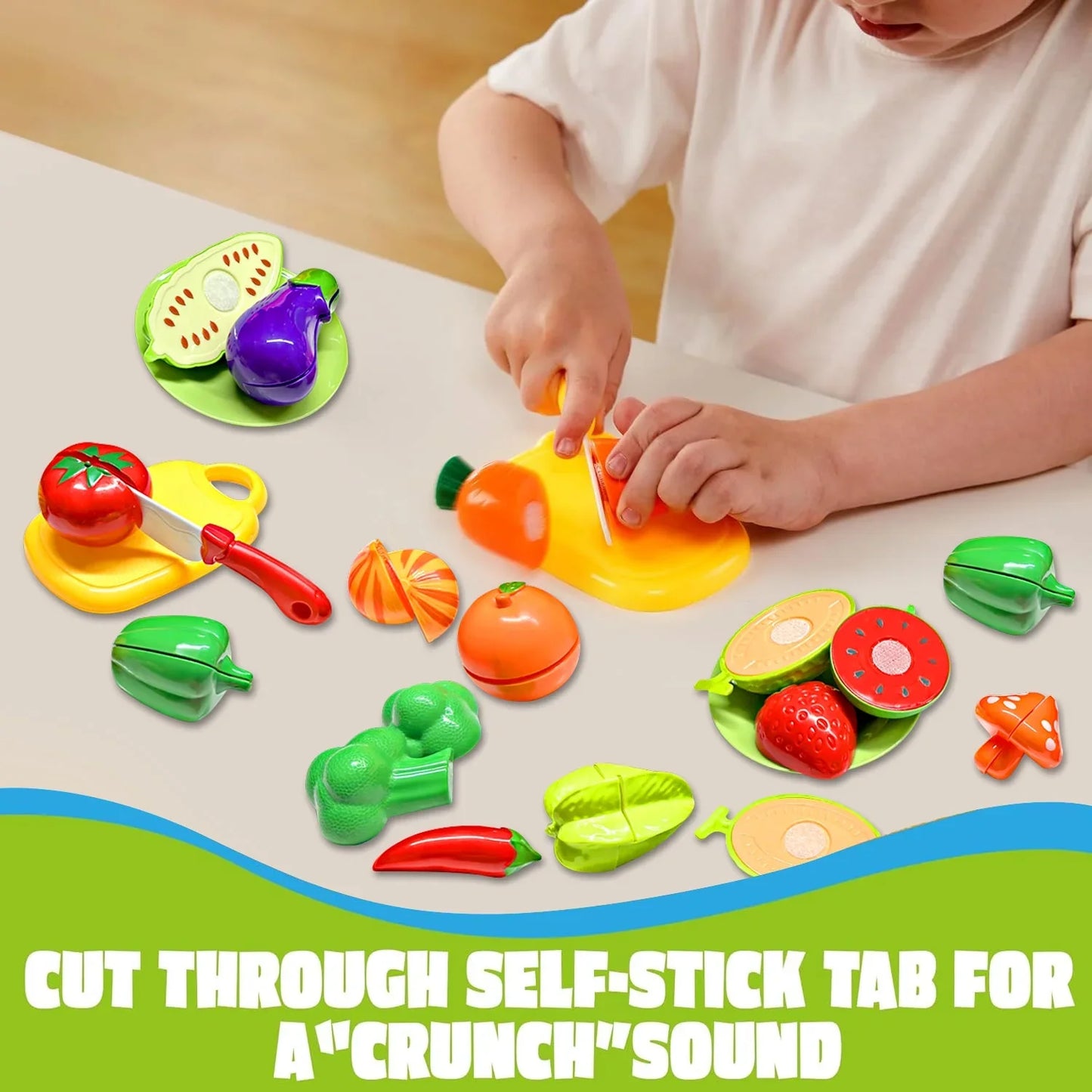 BeePrincess 30pcs Cutting Play Food Set Toy for Kids Kitchen, Pretend Food Toy for Toddlers Age 1-3, BPA-Free Cutting Play Fake Food/Vegetable/Fruits Play Kitchen Toys Accessories with Storage Basket