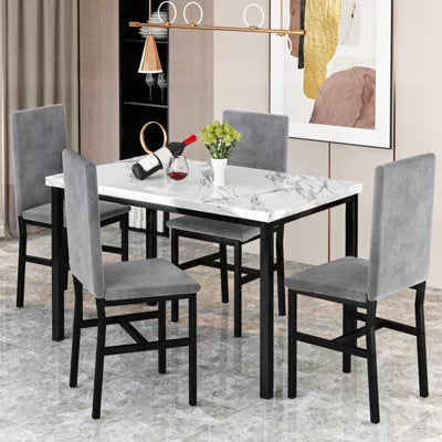 Hooseng Modern Style 5-Piece Dining Room Table And Chairs Set, Faux Marble MDF Table Top and Velvet Upholstered Chairs Dining Table Set for 4