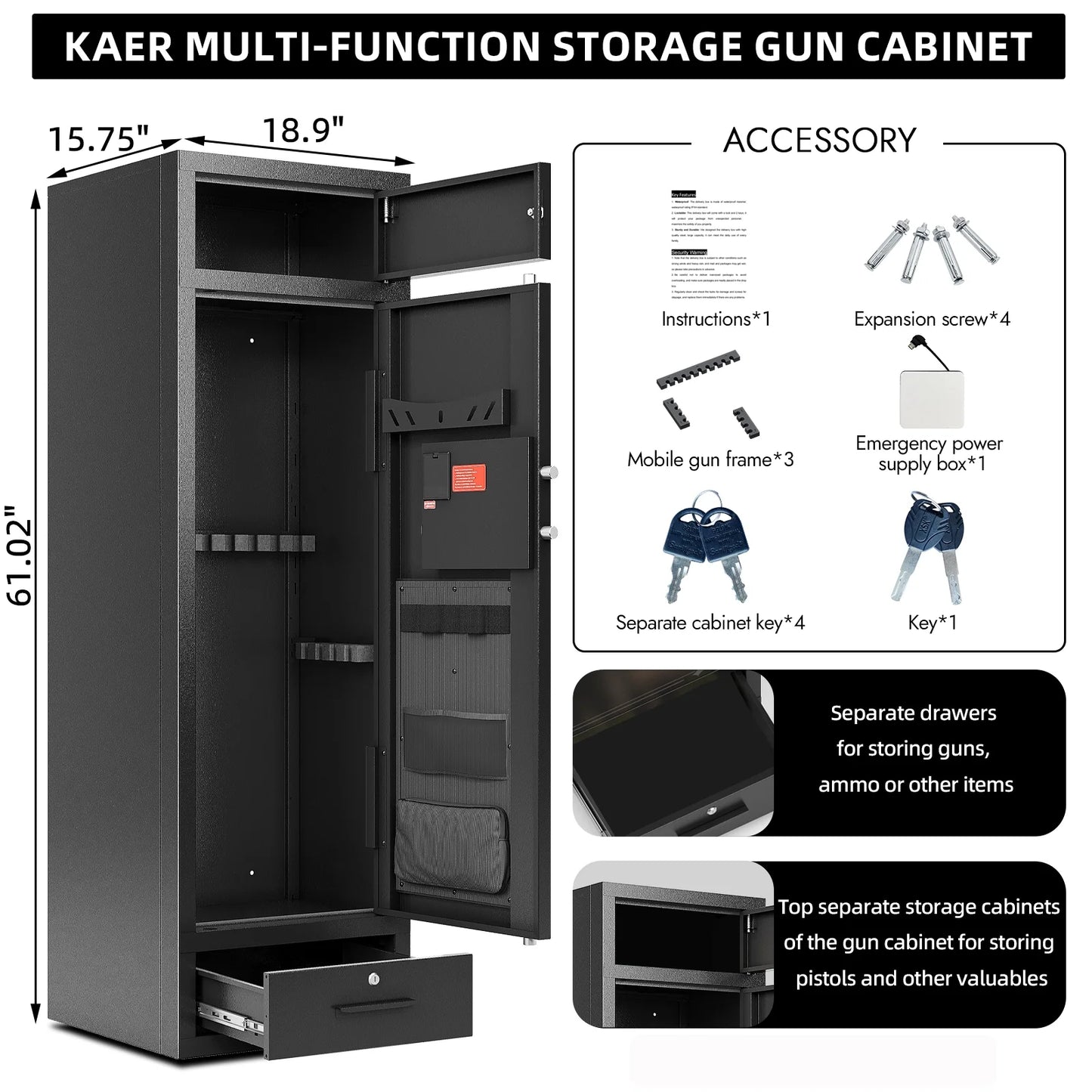 KAER 8-12 Gun Safe,Rifle Safe High Capacity,Large Gun Safe for Rifle and Pistols,Gun Cabinet for Home,Long Gun Safe for Shotguns with Handgun Rack,Rifle Rack,Drawer(Unassembled)