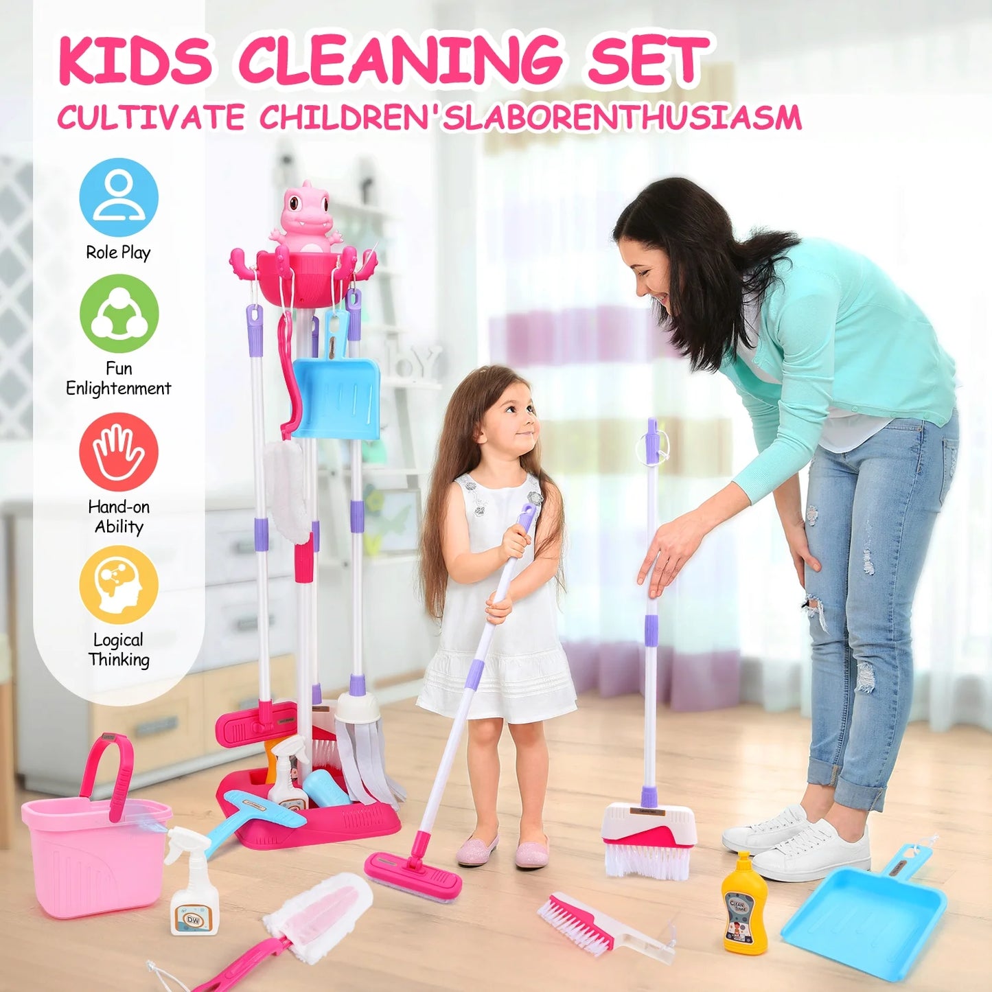 JoyStone 12 Pcs Dinosaur Kids Cleaning Set, Pretend Play Kit Toddler Role Play Toys Kids Broom and Mop Set for Girls Boys Age 3+, Christmas Birthday Gift for Girls Boys, Pink