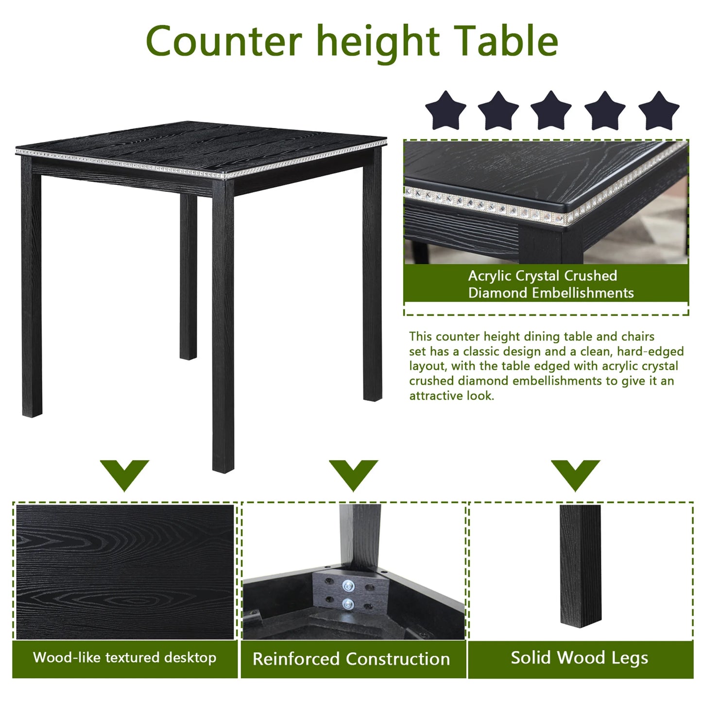PAPROOS 5 Piece Counter Height Dining Table Set, Wooden Dining Room Table Set with Square Table and 4 Upholstered Chairs, Modern Kitchen Table with Crystal Decoration and Chair Set for 4, Black