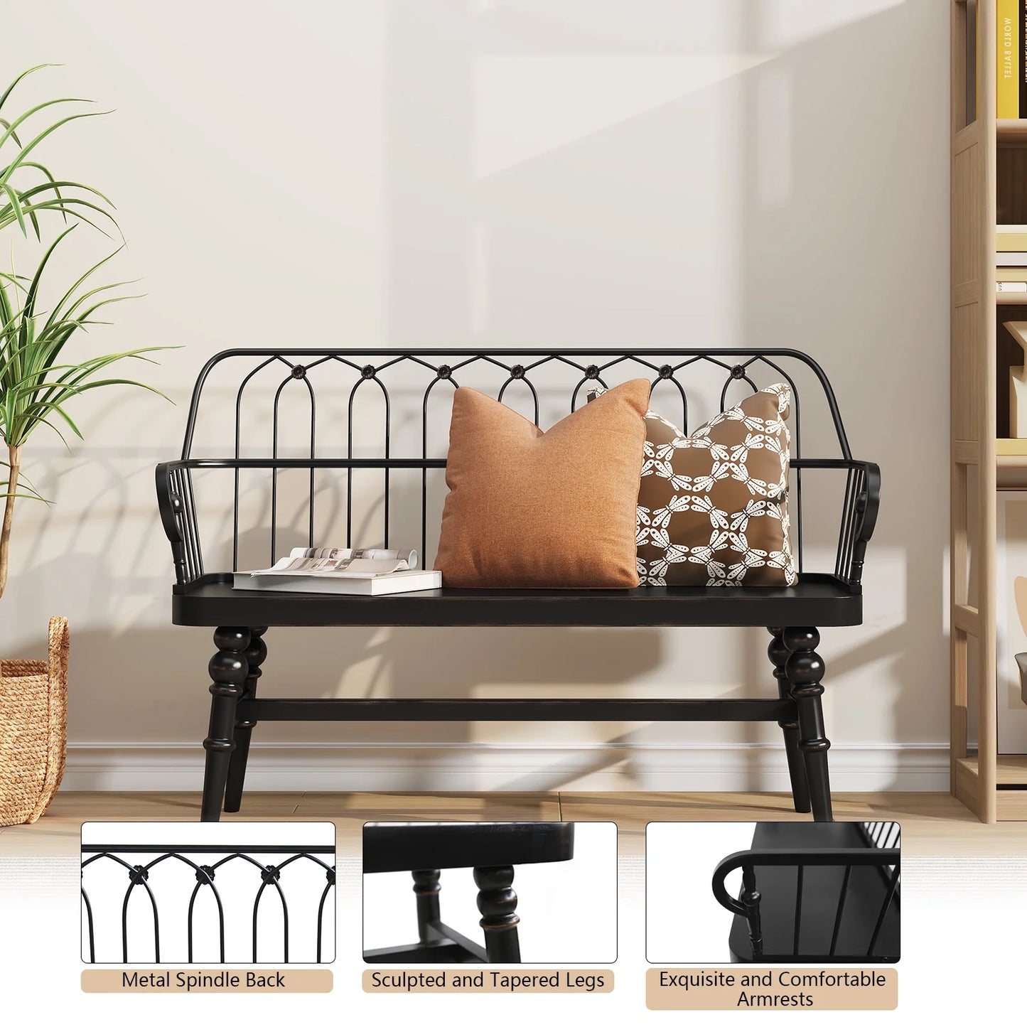 CBJCBJ Farmhouse Entryway Bench, Spindle Back Wooden Dining Benches for Living Room, Mudroom, Black