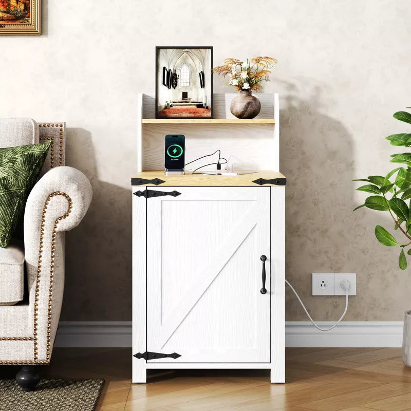 Dolonm 18" Side Table with Power Outlet & USB Ports, Bedside Table with Barn Door,Adjustable Shelf Storage Rack, for Living Room,Bedroom