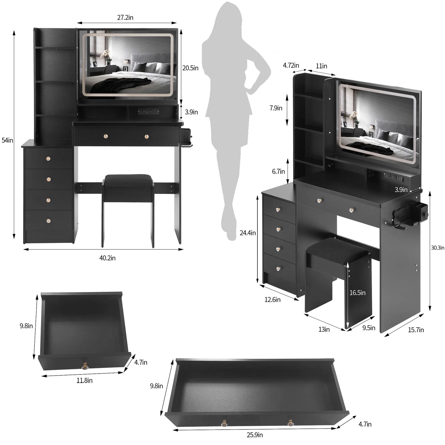 Vanity Set with Mirror and Lights, Modern 41" Lighted Makeup Vanity Table Set with Charging Station, Vanity Desk with Chair Set for Girls, Dressing Table with Drawers for Bedroom, Black