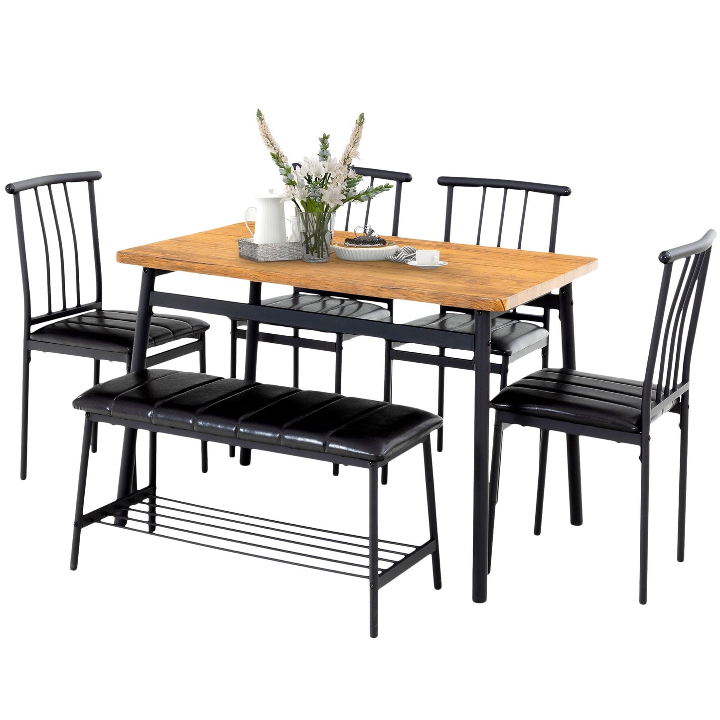 PAPROOS Dining Table Set for 6, Modern 6 Pcs Kitchen Table Set with Wooden Top and Metal Frame, Dinette Sets for Breakfast Nook, Dining Room Table with Upholstered Chairs and Bench Set, Brown&Black