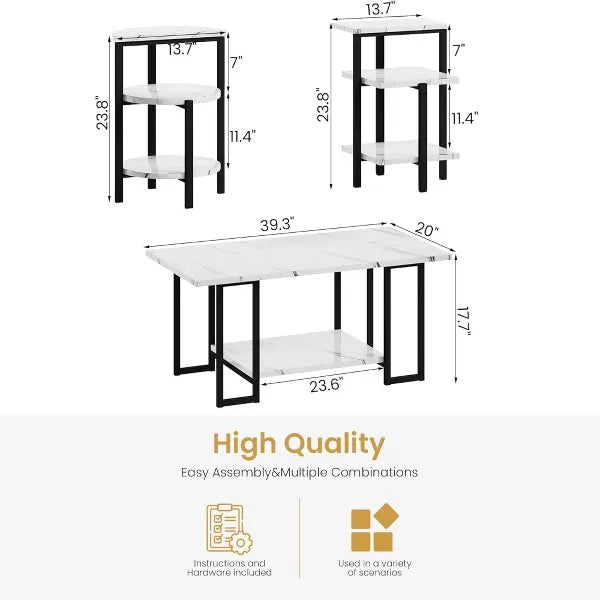Hooseng 3 Pieces Coffee Table Set, Living Room Coffee Table with 2 End Side Tables Set and Metal Frame, Living Room Table Set