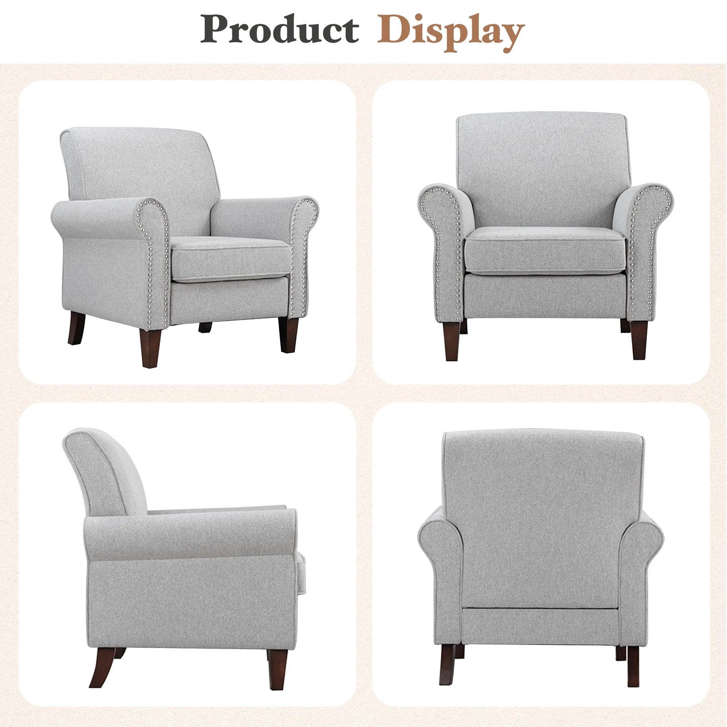 TrumanPick Linen Accent Chairs Upholstered Armchair with Nail-Head Trim Cozy Arm Chair for Living Room Bedroom,Gray